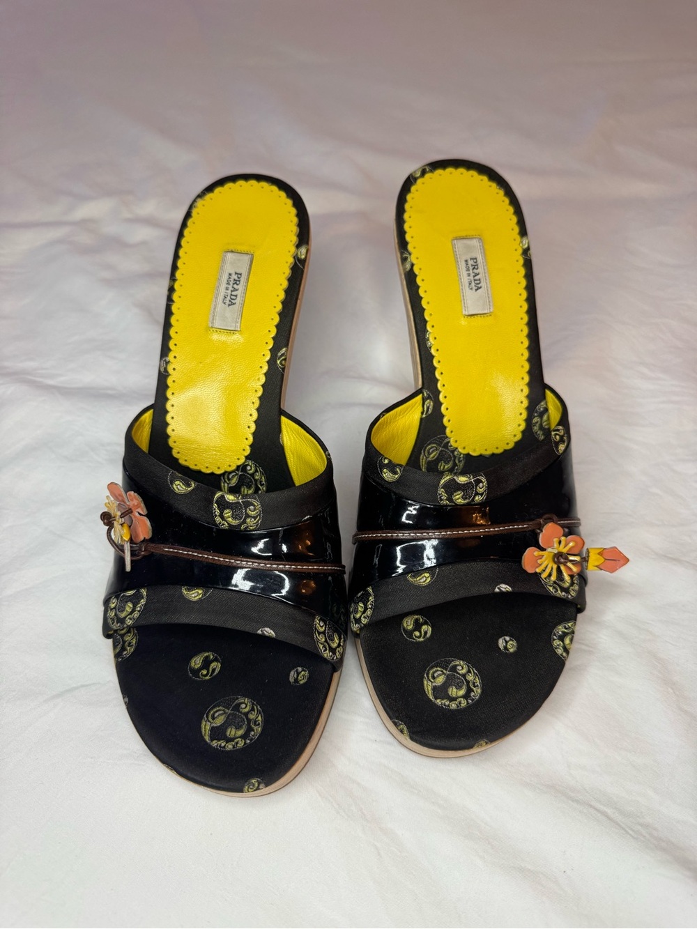 Vintage 2003 Prada Black & Yellow Floral Stiletto Mule Heel